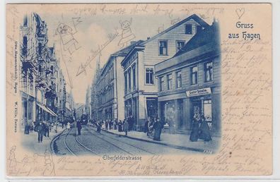 71631 Ak Gruß aus Hagen Elberfelderstrasse mit Geschäften 1899