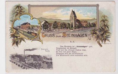 76426 Ak Lithographie Gruß aus Steinhagen Brennerei, Bahnhof um 1900