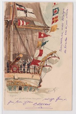 82457 Ak Signal: Ein glückliches Neujahr! Marine Segelschiff mit Flaggen 1893