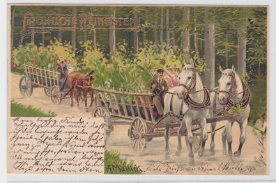 78988 Glückwunsch AK Fröhliche Pfingsten - Kremserfahrt mit Pferden 1903