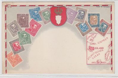 44096 Wappen Ak Island mit Briefmarken um 1900
