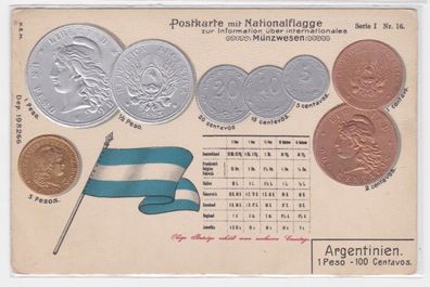 08093 Präge Ak mit Abbildungen von Münzen Argentinien und Nationalflagge um 1900