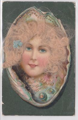 05801 Echt-Haar-Ak Portät von Mädchen mit blonden Locken und Blume im Haar 1909