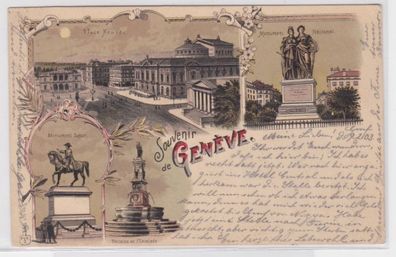 09898 Ak Lithographie Souvenir de Genève Genf National- und Dufour Denkmal 1903