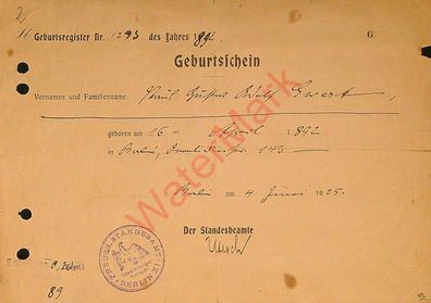 Dokument Urkunde Geburtsschein Berlin v. 4.6.1925