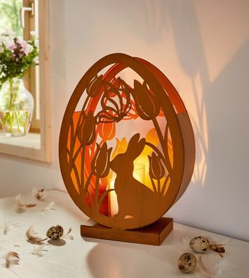 Windlicht mit Glaseinsatz Rostoptik Ostern Hase Tulpen Deko Haus Garten H. 33 cm