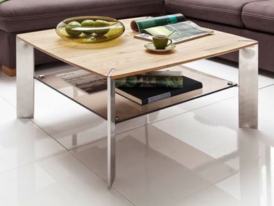 Couchtisch Nelia Ast Eiche massiv mit Edelstahl und Ablage Wohnzimmer Tisch 80x80 cm