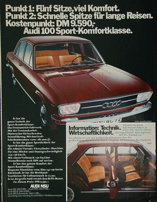 Originale alte Reklame Werbung Audi 100 Sport v. 1970