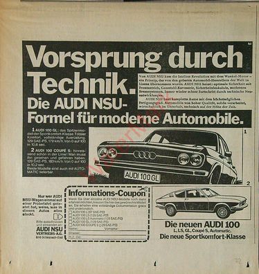 Originale alte Reklame Werbung Audi 100 + Coupe v. 1972