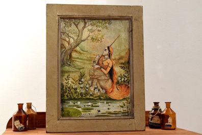Gemälde handgemalt "Meera bai" Vintage Bild Indien Teakholz Wandbild 60 x 45cm Groß