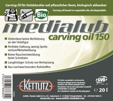 20 Liter Bio Kettenöl für Holzschnitzer Kettlitz-Medialub Carving Oil 150