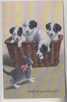67129 Kitsch Ak Körbchen mit Katze und Hunde Babys 'Willst du gar nicht gehen?'