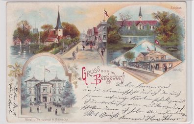 91940 AK Gruss aus Bergedorf - Schloss, Bahnhof, Hôtel & Pensionat Meinecke 1897