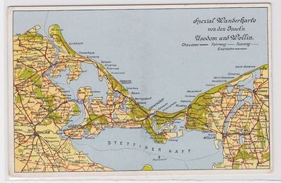 90023 Ak Spezial Wanderkarte von den Inseln Usedom und Wollin um 1930