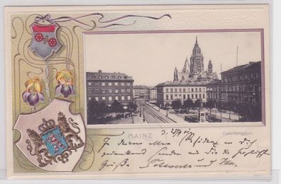 92617 Präge Passepartout AK Mainz - Gutenbergplatz mit Dom und Stadtwappen 1901