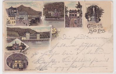 92049 Ak Lithographie Gruss aus Bad Ems Kurhaus, Kirche usw. 1899