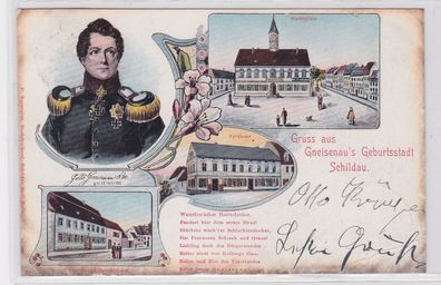 89932 AK Gruss aus Gneisenau's Geburtsstadt Schildau, Marktplatz & Apotheke 1905