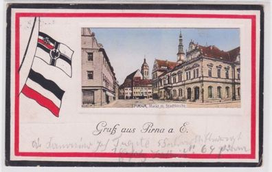86352 Ak Gruß aus Pirna Markt mit Stadtkirche 1915