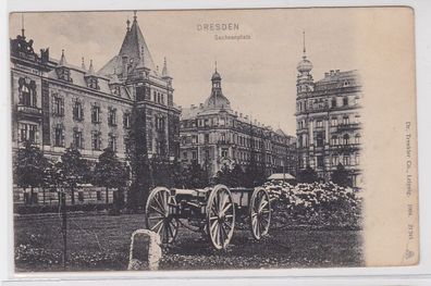 76491 Ak Dresden Sachsenplatz Straßenansicht mit Kanone um 1900