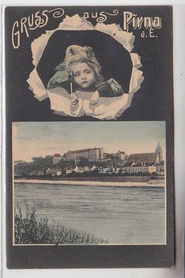 69558 Kinder Ak Gruß aus Pirna an der Elbe Totalansicht 1907