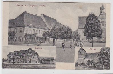 69426 Ak Gruß aus Belgern Markt, Bahnhof, Kirche um 1910