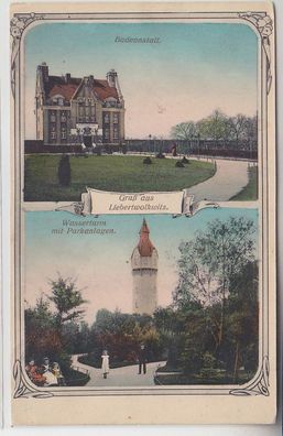 68584 Ak Gruß aus Lieberwolkwitz Badeanstalt, Wasserturm mit Parkanlage 1918