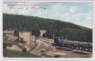 83645 AK Bahnhof Braune Sumpf und Bielstein-Tunnel mit Dampflokomotive 1910