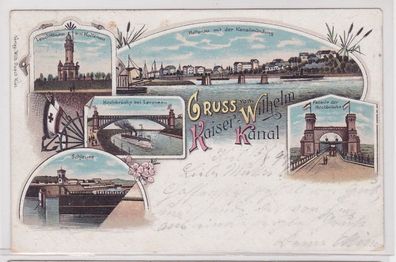 91923 AK Gruss aus Kaiser Wilhelm Kanal Leuchtthurm, Schleuse & Hochbrücke 1897