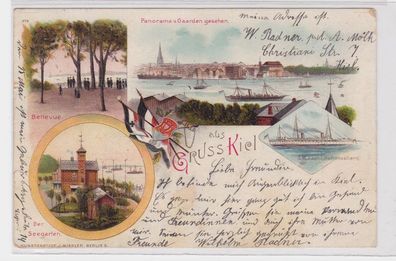 91826 AK Gruss aus Kiel Panorama, Bellevue, Seegarten & SMY 'Hohenzollern' 1908