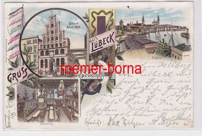 84672 Ak Lithographie Gruß aus Lübeck Schiffer-Gesellschaft, Hafen usw. 1898