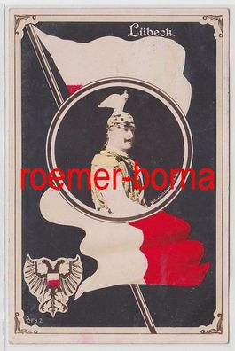 74679 Patriotika Ak Lübeck mit Fahne und Bild Kaiser Wilhelm II 1907