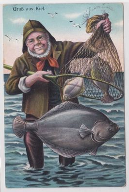 28468 Ak Gruß aus Kiel Fischer im Wasser stehend mit Netz und Fischen 1913