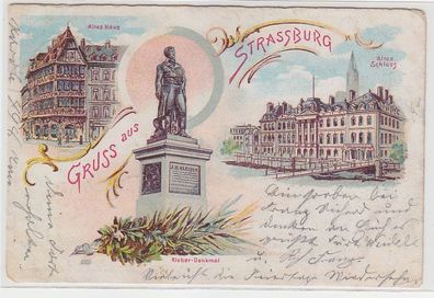 68546 Ak Lithographie Gruß aus Strassburg im Elsass Kleberdenkmal usw. 1902