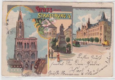 68539 Ak Lithographie Gruß aus Strassburg im Elsass Reichspostgebäude 1904