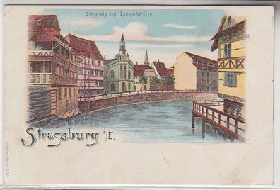 68538 Ak Lithographie Strassburg im Elsass Zixplatz mit Zionskirche um 1900