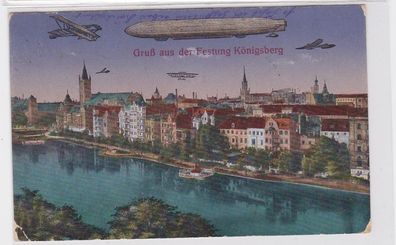 81563 AK Gruß aus der Festung Königsberg - Zeppelin und Flieger am Himmel 1916