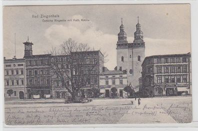 68158 Ak Bad Ziegenhals Östliche Ringseite mit Kath. Kirche und Geschäften 1909