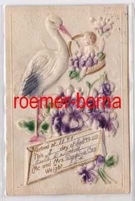 85083 geprägte Ak Geburtsanzeige mit Storch und Baby 1913