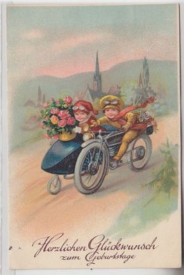 67917 Glückwunsch Ak Kinder fahren mit Motorrad Gespann um 1910