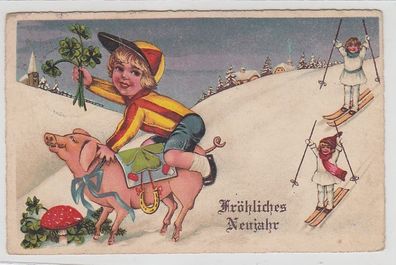 46819 Neujahrs Ak Junge reitet auf Glücksschwein um 1935
