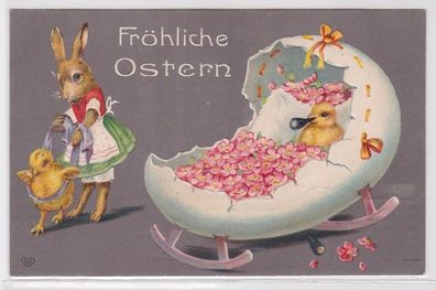 92317 Ak Fröhliche Ostern - Osterhase mit 2 Küken in Eierschalenbett 1909
