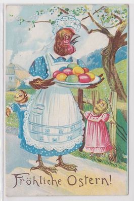 67629 Ak Fröhliche Ostern! - Huhn und Küken verkleidet mit Eiern 1914