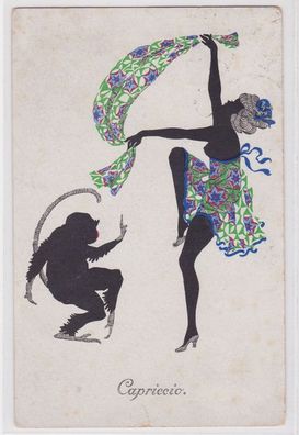 75335 Erotik Künstler Ak 'Capriccio' Affe tanzt mit halbnackter Dame 1920