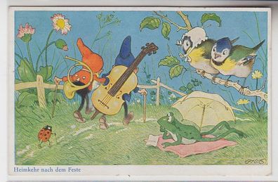 68779 Humor Ak 2 Zwerge mit Instrumenten 'Heimkehr nach dem Feste' um 1930