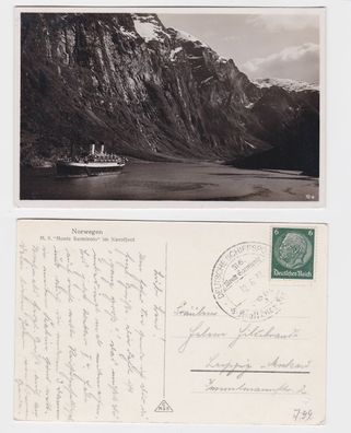 80564 AK Norwegen - M.S. 'Monte Sarmiento' im Næerofjord 1937 Schiffspoststempel