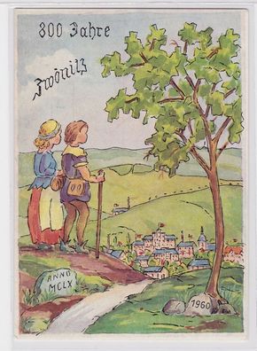 83102 Künstler AK 800 Jahre Zwönitz - Paar blickt ins Tal auf den Ort 1960