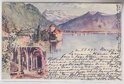 40717 Ak Lithographie Schloss Chillon in Veytaux Schweiz 1897