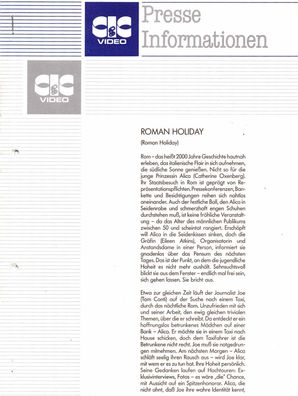 Roman Holiday - VHS-Info - Catherine Oxenberg - Ed Begley jr. - Presseheft