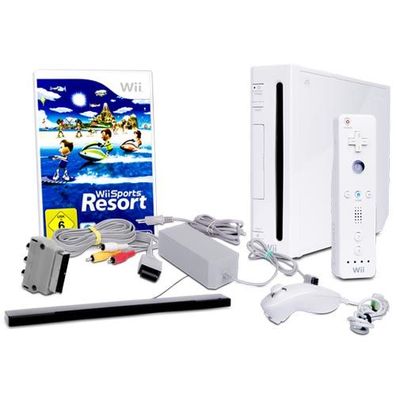Wii Konsole in Weiss + alle Kabel + Nunchuk + Fernbedienung + Spiel Wii Sports Resort