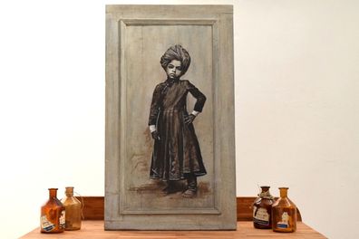 Gemälde handgemalt Kind Mogul Junge Vintage Bild Indien Wandbild 70 x 40cm Groß Holz